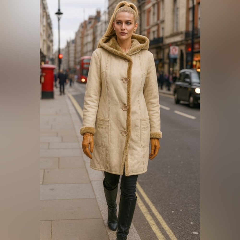 ✨ ESLA Design Faux Shearling Hooded Beige Coat ✨